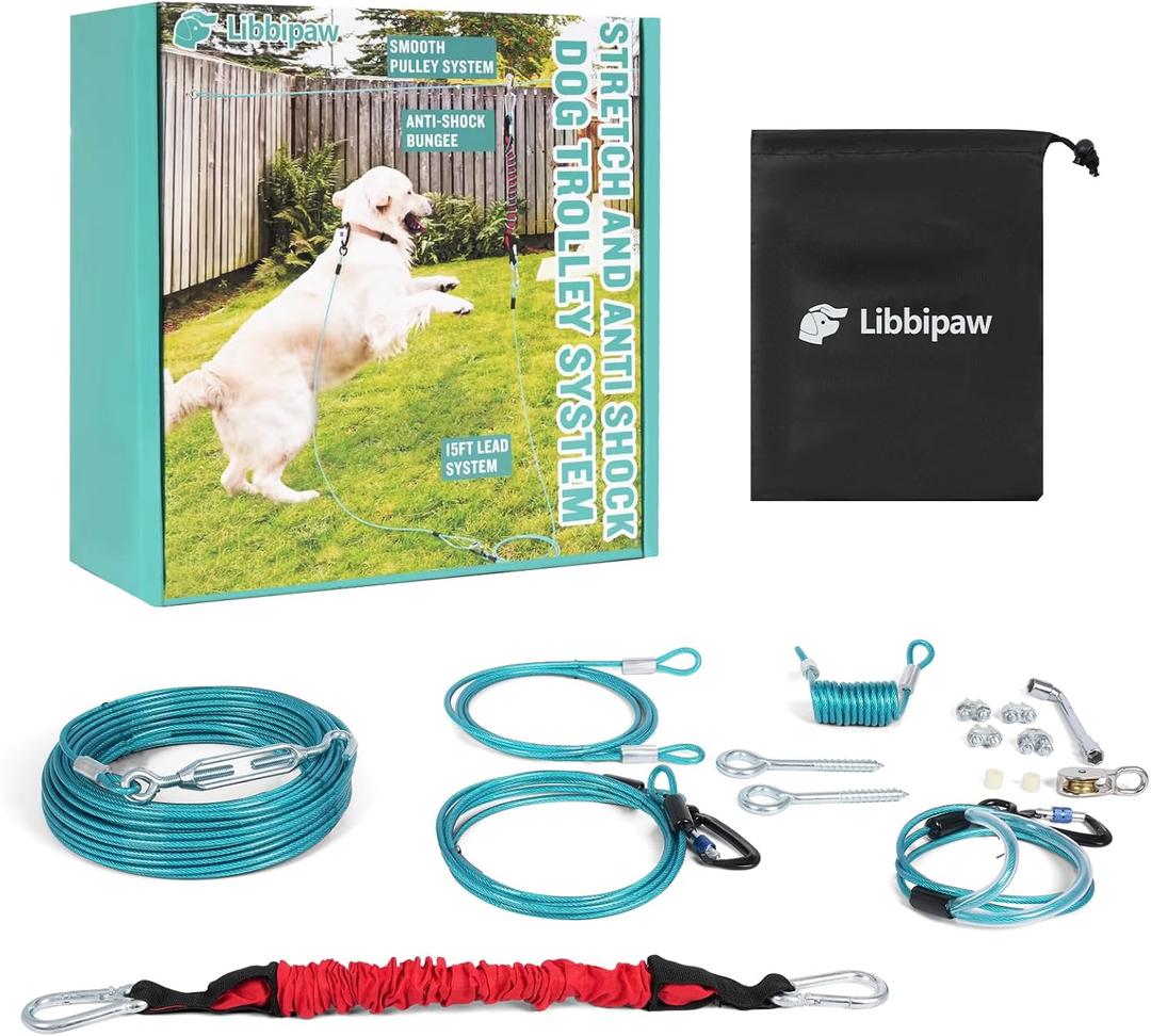 Dog Trolley System - Tangle Free & Shock Absorbing Heavy Duty Runner for Large Dogs Up to 300 lbs, 100 ft Cable with 15 ft Leash - Backyard, Park, Camping(100FT) (Blue)