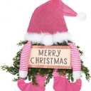 Knitgrip Christmas Lighted Wreath Gnome Xmas Gnome Door Wreath Artificial Santa Xmas Hanging Sign for Door Window Wall Decorations Farmhouse Christmas Home Decor(Pink)