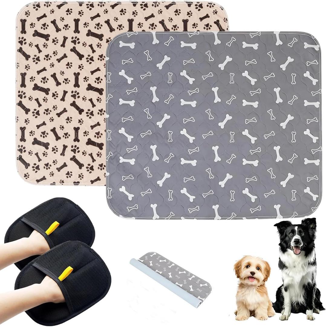 2PC Puppy Pads with Pheromones, Washable Puppy Pee Pads for Dogs Reusable Puppy Pads for Dogs and Cats - Leak & Odor Proof, Non-Slip Base Training Pads for Home & Travel(with Pet Hair Removal Gloves) (Small, Gray+brown Bone)