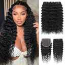 12A Deep Wave Bundles with Closure (24" 26" 28"+20") Deep Curly 3 Bundles and 5x5 HD Lace Closure Wet and Wavy Natural Black 100% Brazilian Human Hair Extensions Burmese Curly Quick Weave Bundle