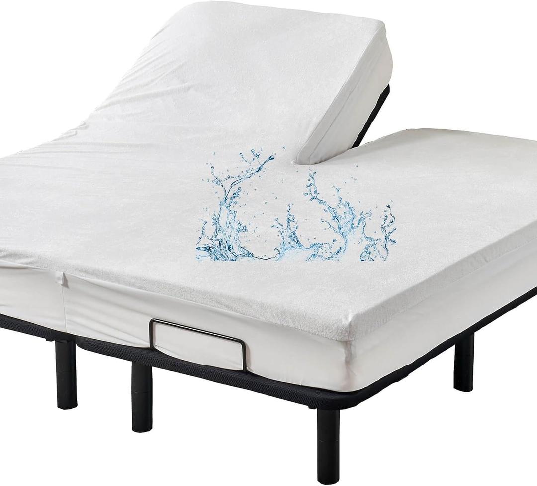 Kingnex 28-30" from Head Waterproof Partial Split Top King Mattress Protector for Adjustable Bed with Upper Flex Soft Noiseless Bamboo Viscose Terry Fitted Mattress Cover (Split Top King - 28-30" from Head, White)