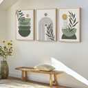 Framed Sage Green Boho Wall Art Bedroom, 3 Piece Bohemian Botanical Paintings Prints Canvas Artwork for Walls, Large Mid Century Modern Boho Pictures for Living Room Home Office Wall Decor, 16x24 In, 16" W x 24" H x 3Pcs