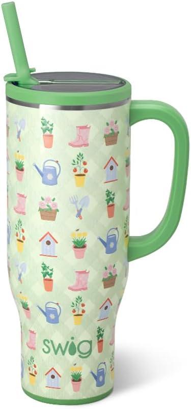 Swig Life 30oz Mega Mug, 30oz Tumbler with Handle and Straw, Large Insulated Tumblers, Cup Holder Friendly Travel Mug, Stainless Steel 30 oz Tumbler, Reusable Insulated Water Bottle (Green Thumb)