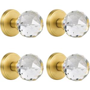 4 Pack Crystal Glass Dummy Door Knobs, Inactive Round Half-Dummy Door Knob Set, Single Side, Satin Brass