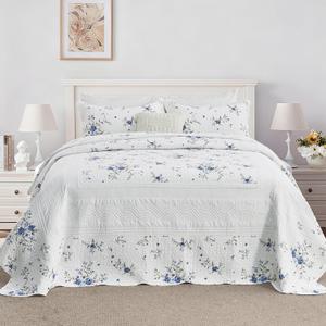 Floral Bedspread 102"x120" Oversized Queen Quilt, 100% Cotton Oversized Queen Bedspread Coverlet Set with 2 Pillow Shams, Lightweight Farmhouse Quilted Comforter, White/Blue/Green, 3 Pcs