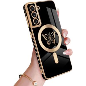 for Samsung Galaxy S21 5G Magnetic Case, Cute Butterfly Plating Edge Case with MagSafe for Women Girls Men Soft TPU Bumper Shockproof Camera Protective Cover for Samsung Galaxy S21-Black