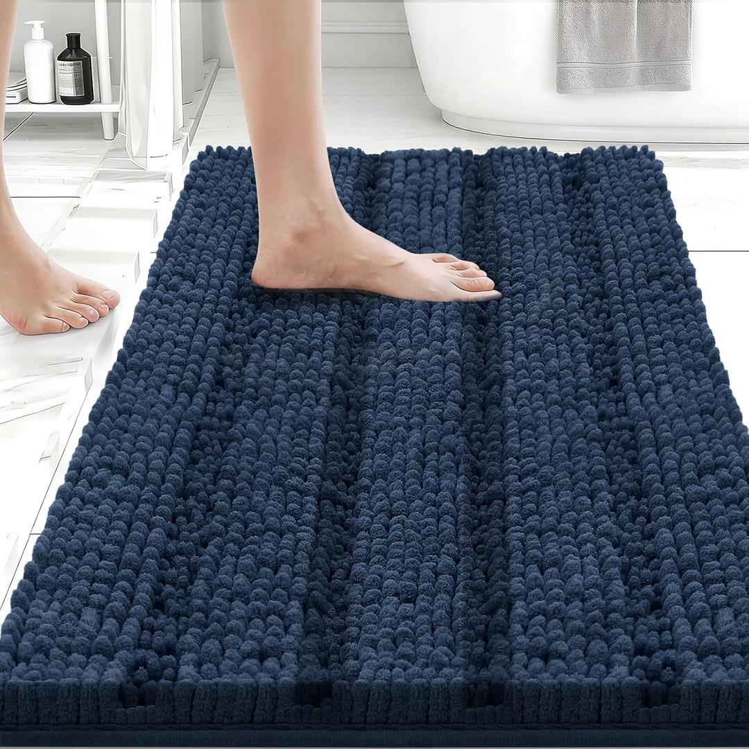 Bcoimo 24"17" Chenille Bath Mat  Non-Slip with Backing Bath Rug Ultra-Absorbent and Machine Washable Bathroom Mat Quick-Dry Design. Ideal for Bathroom and Tub Areas (Navy)