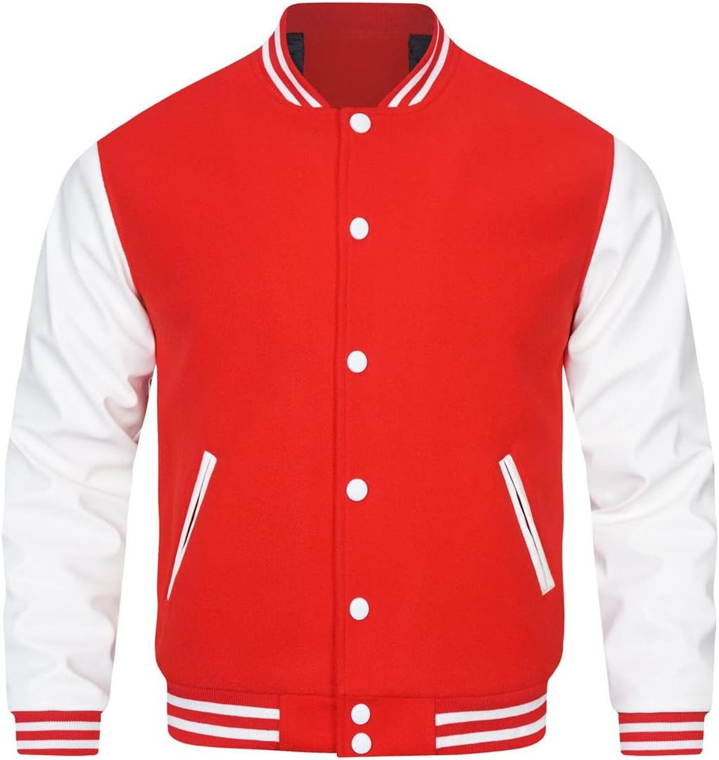 HOOD CREW Mens Varsity Jackets Faux Leather Sleeve Letterman Boys College Baseball Jacket (Red, XL)