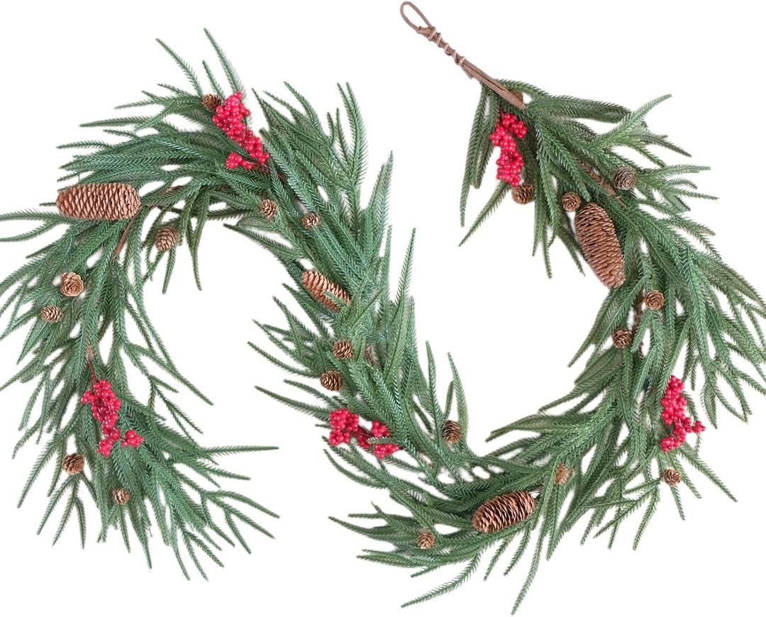 vivimemo 6 FT Green Garland Soft Green Pine Needle Red Berry Pinecone Garland Porch Table Window Fireplace Decoration Winter Holiday Party Office Decoration