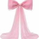 Extra Large Pink Organza Bow Decorations 39 x 59 Inch Giant Pink Tulle Bow with Tie and Long Ribbon Tails for Wedding Valentines Party Backdrop Coquette Room Wall Decoration