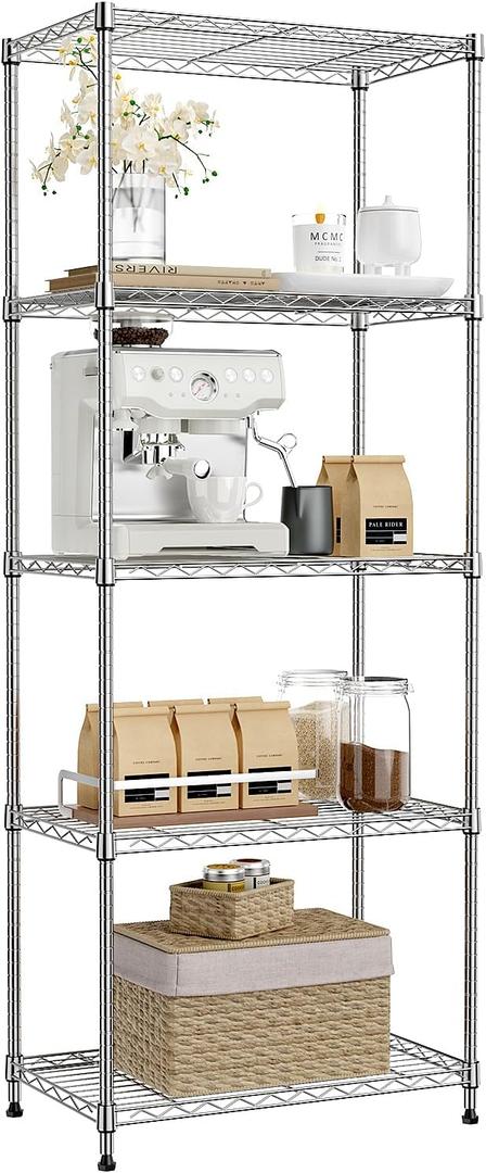 IZEUK 5-Tier Chrome Metal Storage Shelves, Adjustable Wire Shelving Unit for Kitchen, Bathroom, Pantry, Office, Garage, Organizer Wire Rack, 1250 lbs, 13.7" D x 23.6" W x 53.4" H