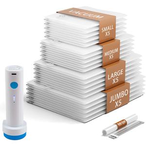 24 Pack Vacuum Storage Bags,Space Saver Bags for Clothing,Comforters,and Bedding,Includes 5 Jumbo, 5 Large, 5 Medium, 5 Small/4 Roll Bags,Compression for Closet & Travel, With Electric Pump