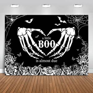 Mocsicka Halloween Baby Shower Backdrop Gothic Skeleton Love Hands Baby Shower Background A Little Boo is Almost Due Party Decorations Banner Photo Studio Props (5x3ft)