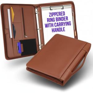 STYLIO Zipper Portfolio Binder with Carrying Handle | Removable 3-Ring Binder (1") w/Clipboard Padfolio | Organizer for Documents, iPad, Tablet, Phone, Notebook| Business Leather Folder for Men Women (21.5" x 13.5" (opened up), Tan)