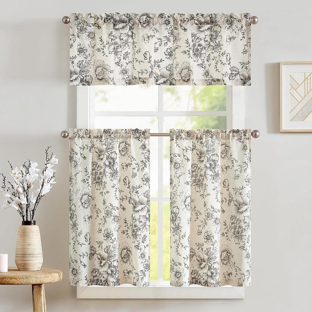 jinchan Floral Kitchen Curtains Set Linen Tier Curtains and Valance Farmhouse Drapes for Small Windows 36 Inch Length for Cafe Living Room Bathroom Rod Pocket 3 Pieces Set Black on Linen