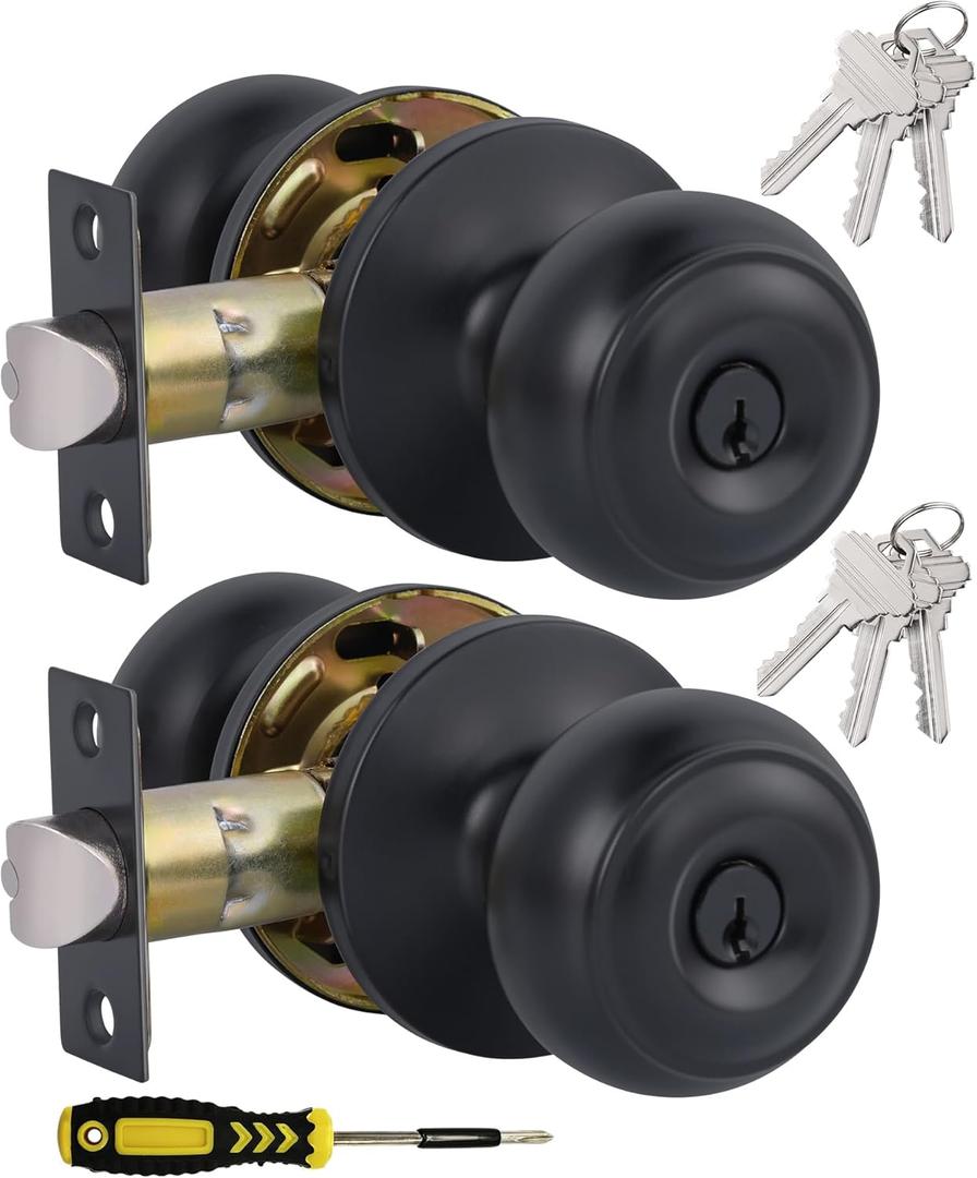 (2 Pack) Entry Door Knobs with Lock and Keyed Alike, Interior/Exterior Flat Ball Door Locks for Bedroom/Bathroom/Front/Offic Doors, Matte Black Finish