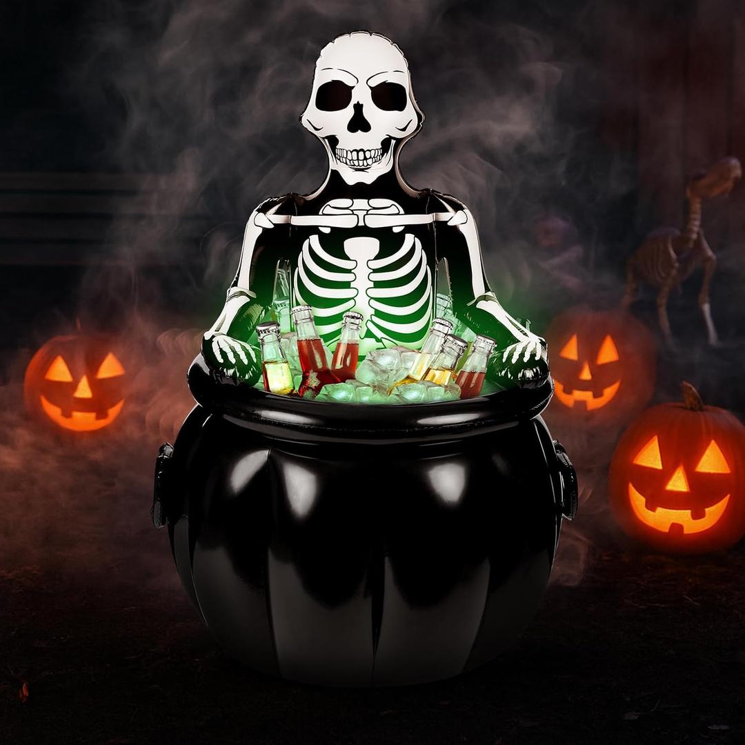 45 Inch Halloween Large Cauldron Decor Skeleton Drink Cooler Witches Inflatable Cauldron Large Outside Decor Ice Bucket for Drinks Halloween Party Inflatable Decoration for Indoor Outdoor