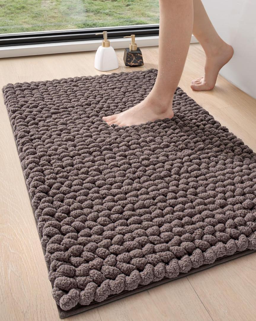DEXI Bathroom Rugs 24x36, Non Slip Washable Bath Mat, Luxury Chenille Super Absorbent Thick Bathmats for Shower Floor, Plush Fluffy Shaggy Carpet for Tub, Brown