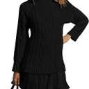 Women Cable Knit Sweater Dress Crewneck Long Sleeve Pleated Mini Dress Twofer Style Patchwork Dress (Small, Black)