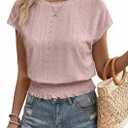 Elastic Waist Eyelet Tops for Women Summer Smocked Crewneck Short Sleeve Tee Crop Casual Plain T Shirts for Vocation Work (Pink, L)