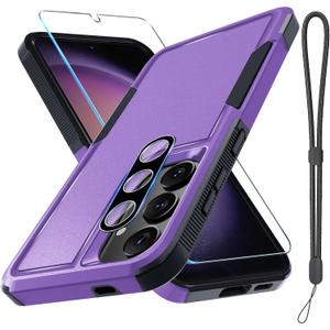 RMOCR Case for Samsung Galaxy S25, Full Body Heavy Duty Rugged Shockproof Protective Phone Cover with Lanyard Strap, Tempered Glass Screen Protector and Camera Lens Cover, Lavender