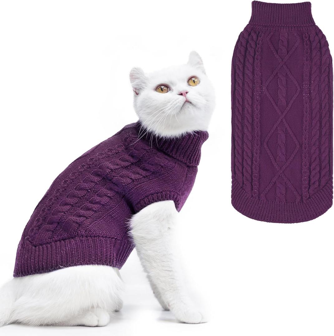 PUPTECK Winter Cat Sweater Coat - Soft Warm Cold Weather Clothes Knitwear for Kittens & Small Dogs Indoor Outdoor Wearing, Knitted Classic for Doggies Kitties Girls Boys, Purple, L