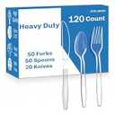 FYIN-HONG 120 Count Heavy Duty Plastic Silverware, Disposable Clear Plastic Utensils Set, 50 Forks, 50 Spoons, 20 Knives, BPA-Free, Heat Resistant; Cutlery Set for Party