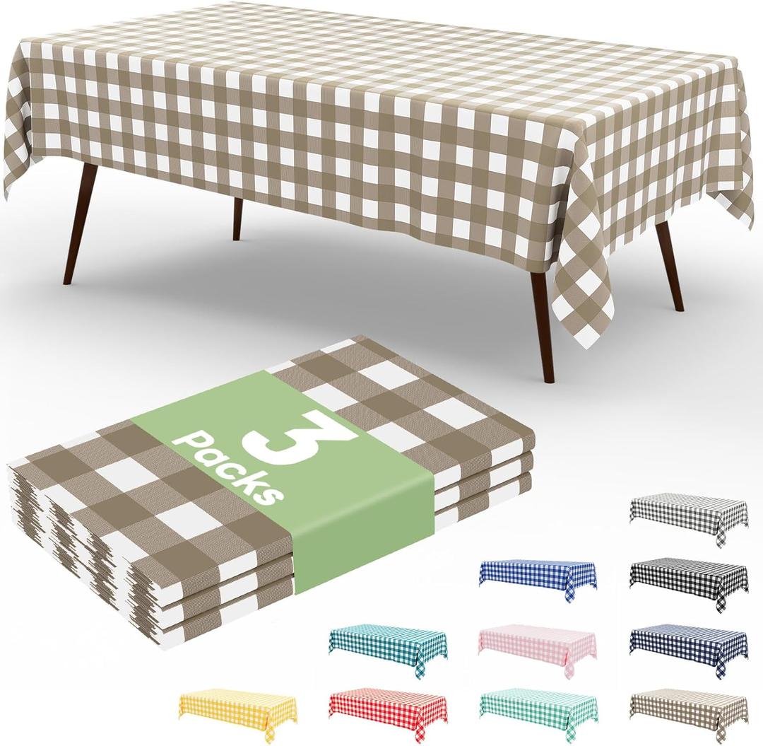 misaya 3 Packs Buffalo Disposable Table Cloth, 54 x 108 Inch Waterproof Plastic Tablecloth, Rectangle Khaki and White Checkered Table Covers for Picnic, Birthday, Party