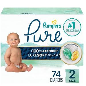 Pampers Pure Baby Diapers, Size 2 (12-18 lbs), 74, Up to 100% Leakproof, Premium Hypoallergenic Soft Diapers