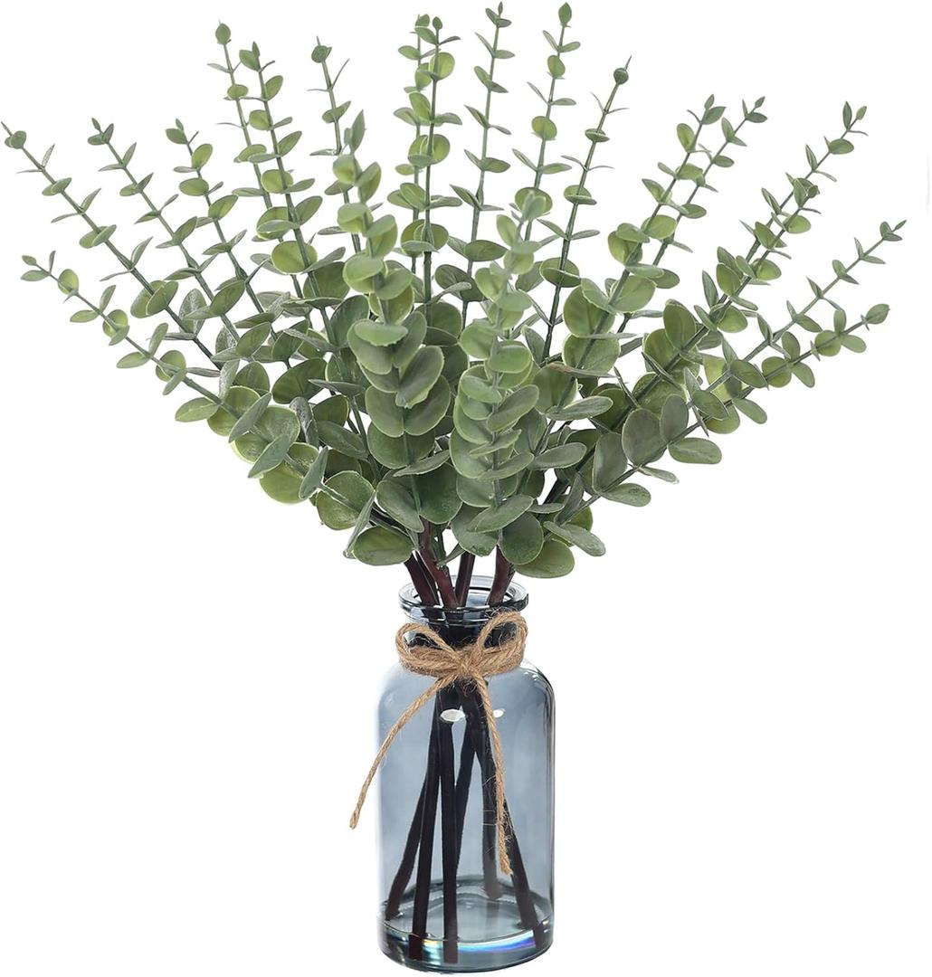 FOTEEWL 17.5" Artificial Eucalyptus Stems in Black Glass Vase with Faux Water, Fake Plant Greenery for Table Decorations Home Office Farmhouse Bathroom Kitchen Wedding Centerpiece Decor