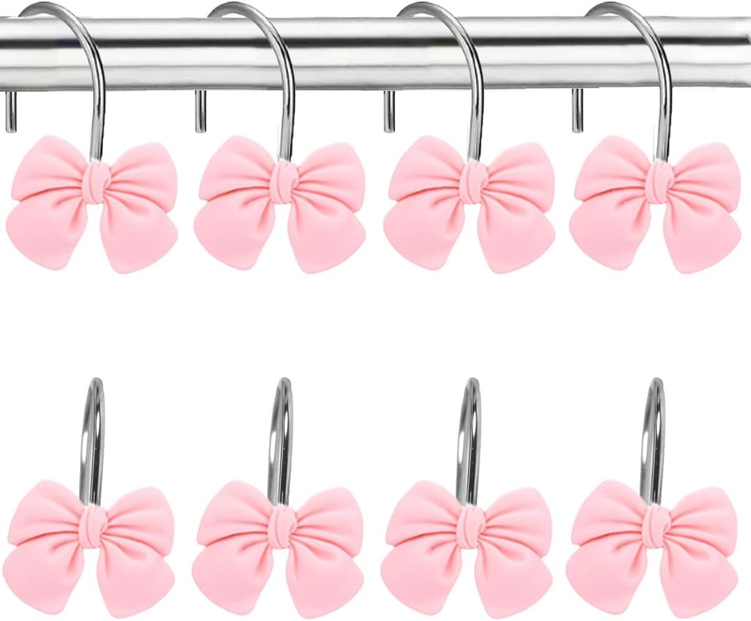 12 Pink Bow Resin Shower Curtain Hooks - Cute Bathroom Decor for Girls, Princesses and Glam Style