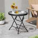 Foldable Side Table with Tempered Glass Top 18" Outdoor Folding Side Tables Small Glass Patio Table for Porch Yard Balcony Deck Lawn Dining Garden (Black)