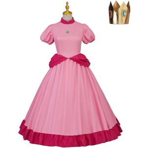 Willyacos Womens Super Brothers Princess Peach Costume Halloween Party Dress Sexy Pink Princess Dress Cosplay for Adult (Medium, Long Style)