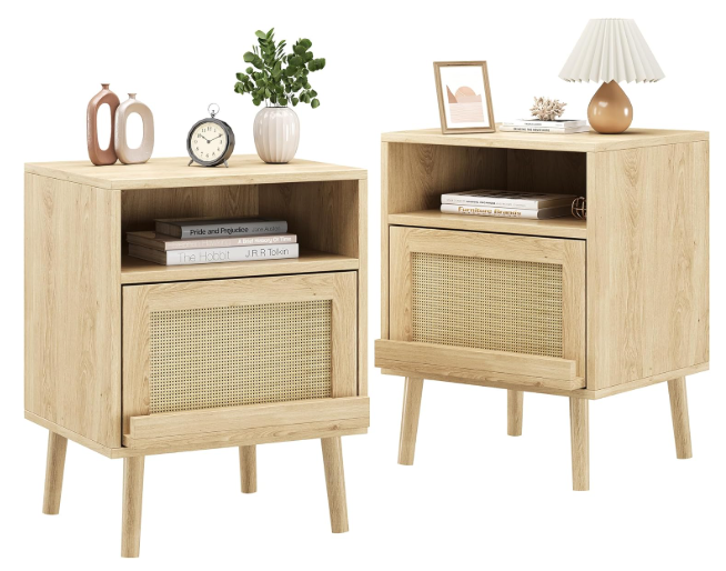 Night Stands for Bedrooms Set of 2, Bed Side Tables Bedroom with Drawer Open Shelf, Rattan Nightstand with Solid Wood Legs for Living Room - Natural