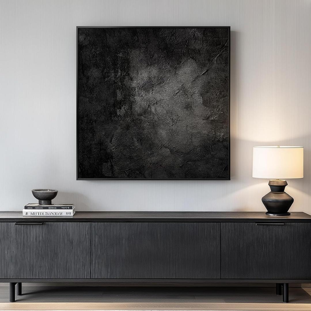Framed Black Abstract Wall Art, Modern Canvas Prints Paintings Artwork for Walls, Square Minimalist All Black Pictures for Living Room, Hallway, Fireplace, Bedroom, Office, Bathroom Wall Decor (30L" x 30W", Inky)