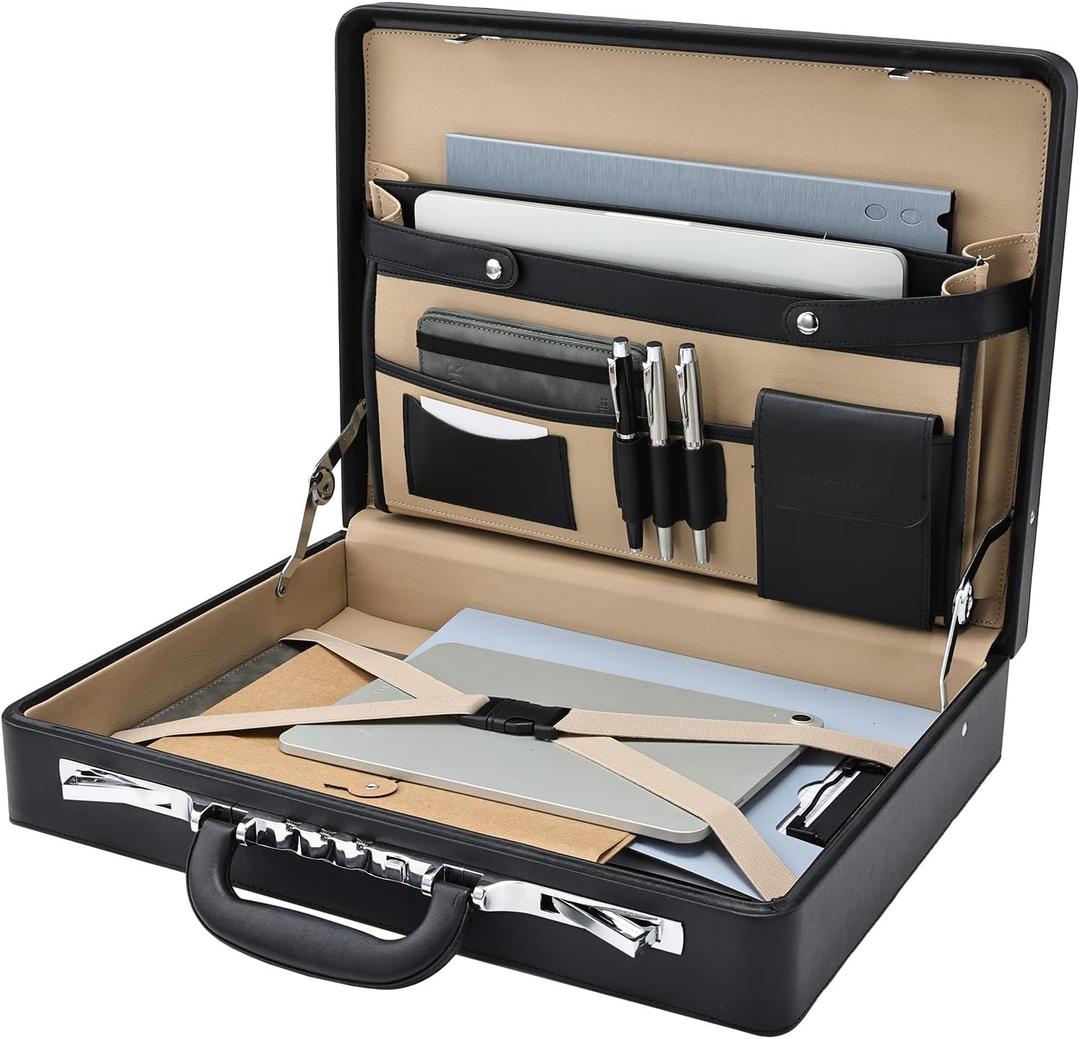 Briefcases for Men Carrying Case Document Attache Case for 16 Inch Laptop Waterproof Faux Leather Multi File Organizer with Anti-Theft Lock Professional Business Case for Work Office Travel, Black