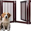 Wooden Free Standing Dog Gate with Door Walk Through, 30 inch 4 Panels Pet Gate for Dogs with 2 Support, Folding Dog Gate Indoor for Stairs, Doorways, Living Room (Brown, 4 Panel - 30")