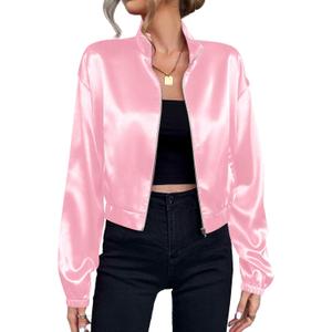 Verdusa Women's Bomber Satin Lightweight Jacket Drop Shoulder Long Sleeve Zip Up Outerwear (Pink, X-Large)