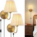Plug in Wall Sconces Set of Two, Fabric Shade Wall Light with On/Off Switch, Plug in Wall Mount Lamps Wall Decor Set of 2, Gold Sconces Wall Lighting Fixture for Bedroom Bedside Living Room Porch
