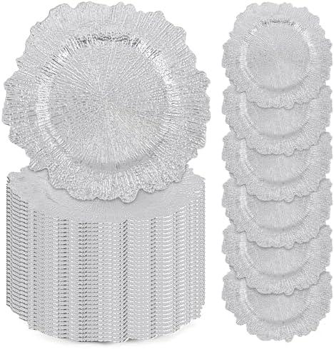50 Pcs Silver Charger Plates Bulk, 13" Reef Plate Chargers for Dinner Plates, Plastic Floral Decorative Plates for Table Setting, Round Table Chargers for Wedding, Christmas, Party, Event, Decoration