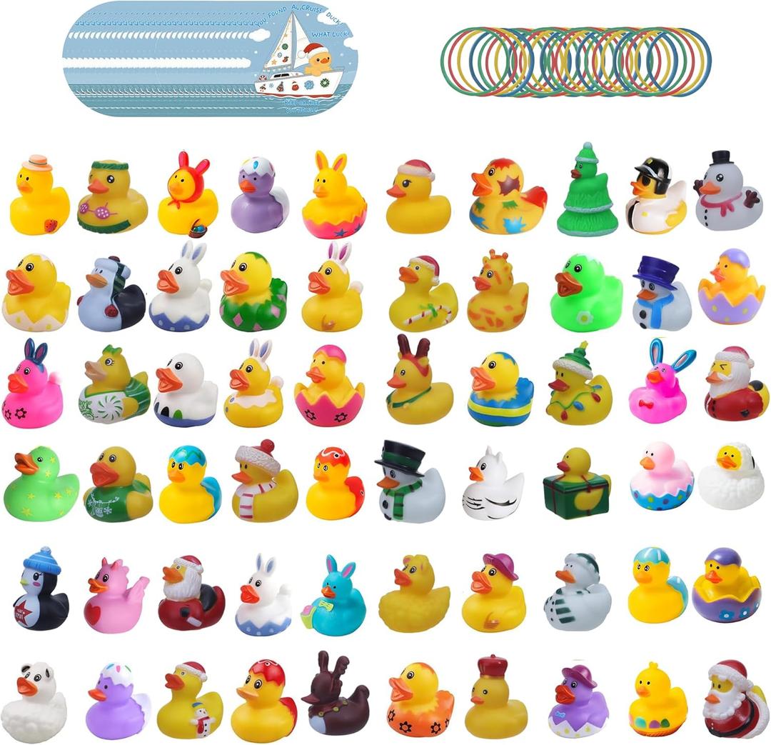 72 Set 24 Pcs Cruise Ducks for Hiding with Tags Random Assortment Rubber Ducks for Cruise Ship with 24 Pcs Cruising Duck Tags Carnival and 24 Pcs Rubber Bands for Swimming Bath Birthday Gifts