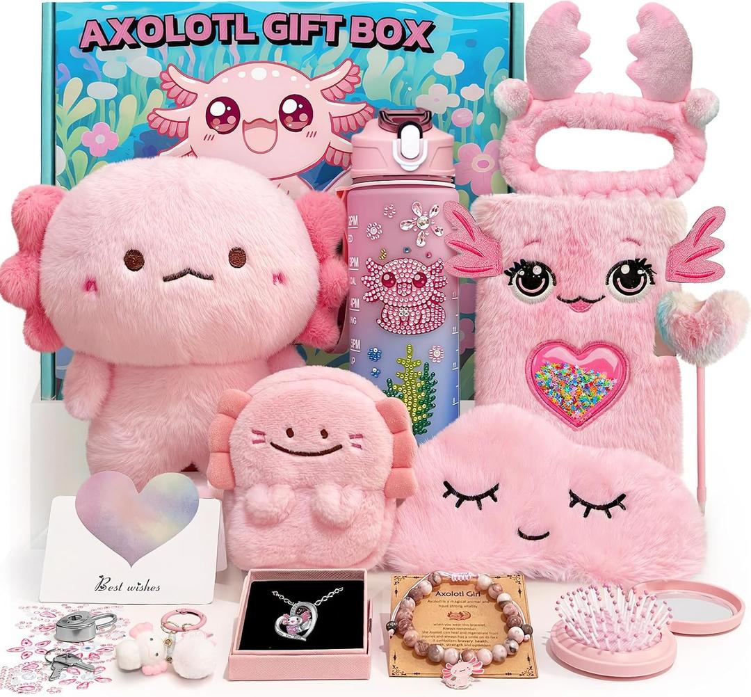 Axolotl Gifts for Girls with Plush Toy/DIY Diamond Water Bottle/Furry Keychain Purse Notebook Pen Eyemask Headband/Stone Bracelet/Necklace/Comb, Birthday Gift for Girl 4 5 6 7 8+ Years Old