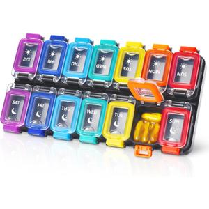 Fullicon Moisture Proof Pill Organizer 2 Times a Day, Large 7 Day Box, Spill Proof Case, Travel Container, Medicine Organizer With Secure Lids (Rainbow Black)