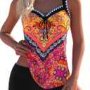 Modlily Bowknot Tankini Swimsuits for Women, Tribal Print Two Piece Bathing Suits, Chic Top with Boy Shorts, Size XL