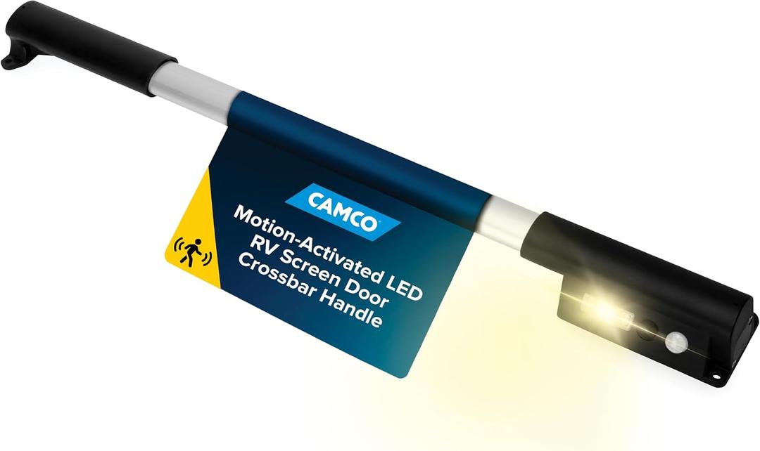 Camco Motion-Activated LED RV Screen Door Crossbar Handle - Features Motion Activated LED Lighting & Robust Aluminum Design - Adjustable Fit Compatible w/Most RVs- (2) AAA Battery (not incl.) (42330)