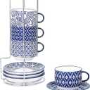 Selamica Ceramic Cappuccino Cups with Saucers and Metal Stand, 8 OZ Stackable Espresso Coffee Cups for Coffee, Latte, Americano, Tea, Set of 4, Vintage Blue