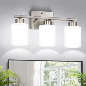 Brushed Nickel Bathroom Light Fixtures with Milk Glass Shades, Eye-Friendly 3 Light Vanity Lights for Bathroom, Vanity Lights with E26 Socket (Bulbs Not Included), for Mirror, Bedroom, Hallway