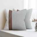 Modern Farmhouse Decorative Throw Pillow Covers 16x16 Set of 2 Black Striped Linen and Faux Leather Pillow Covers for Couch Sofa Bedroom Livingroom Neutral Accent Cozy Cushion Covers (White)