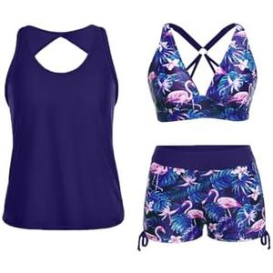 Yonique 3 Piece Tankini Swimsuits for Women Swim Tank Top Bathing Suits with Boy Shorts and Bra Athletic Swimwear M