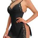 Lilosy Sexy High Split Side Trim Floral Lace Dress Lingerie Nightgown Babydoll Set 2 Piece (XX-Large, Black)